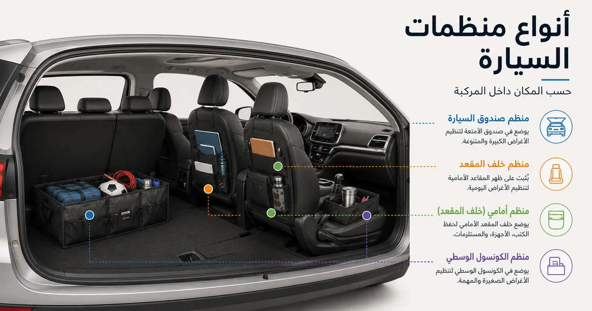 أنواع منظمات السيارة حسب مكانها داخل المركبة، بما يشمل الشنطة والمقعد الخلفي والمقعد الأمامي والكونسول