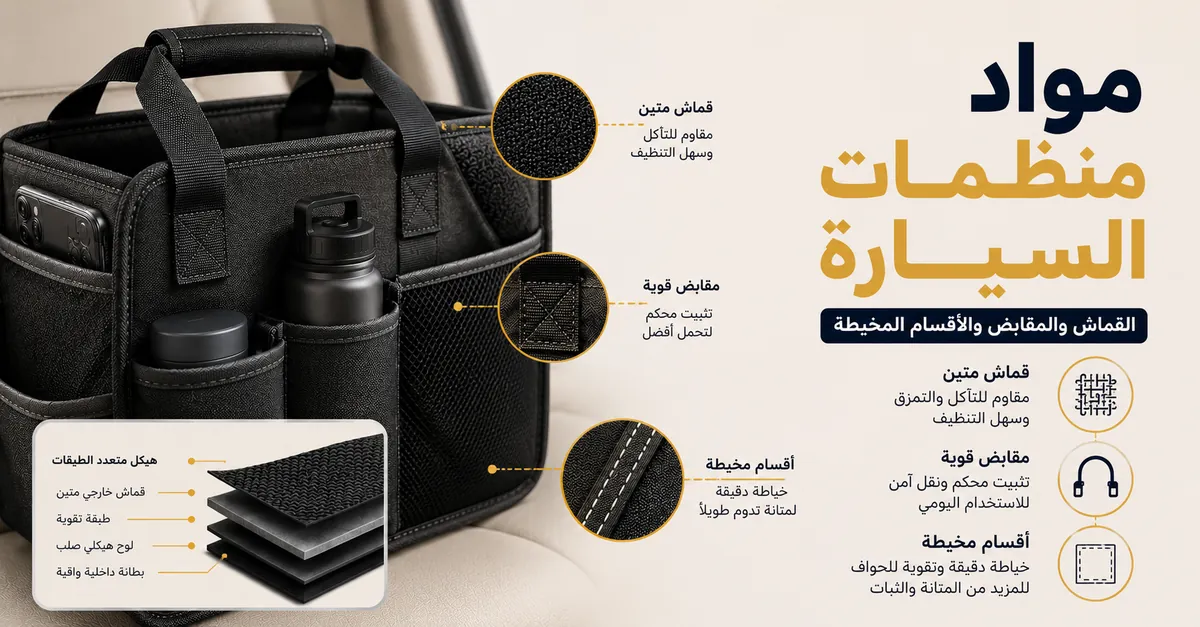 مواد متينة لمنظم سيارة تظهر ملمس القماش والألواح المعززة والمقابض والأقسام المخيطة
