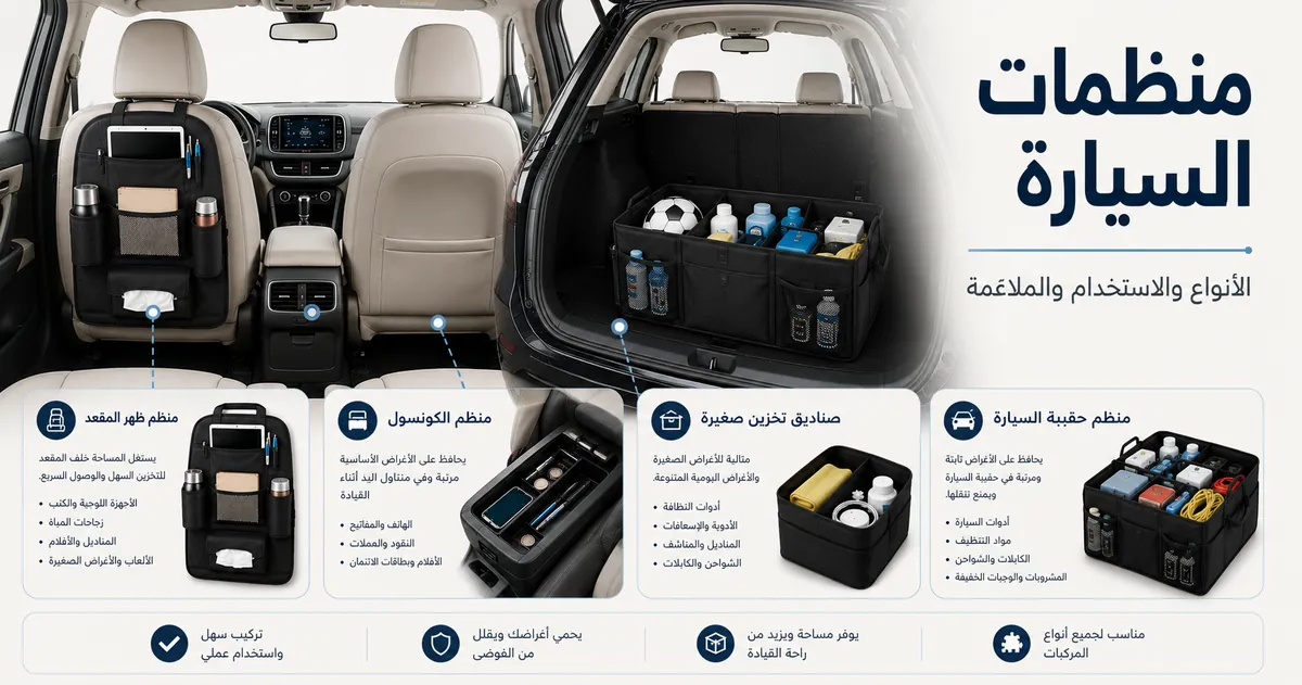 أنواع مختلفة من منظمات السيارة مرتبة لعرض استخدامات التخزين والملاءمة وخيارات التثبيت داخل المركبة