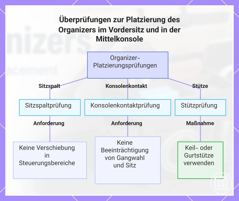Überprüfungen zur Platzierung des Organizers im Vordersitz und in der Mittelkonsole