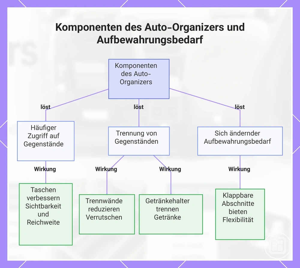 Komponenten des Auto-Organizers und Aufbewahrungsbedarf