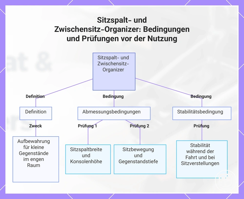 Sitzspalt- und Zwischensitz-Organizer: Bedingungen und Prüfungen vor der Nutzung
