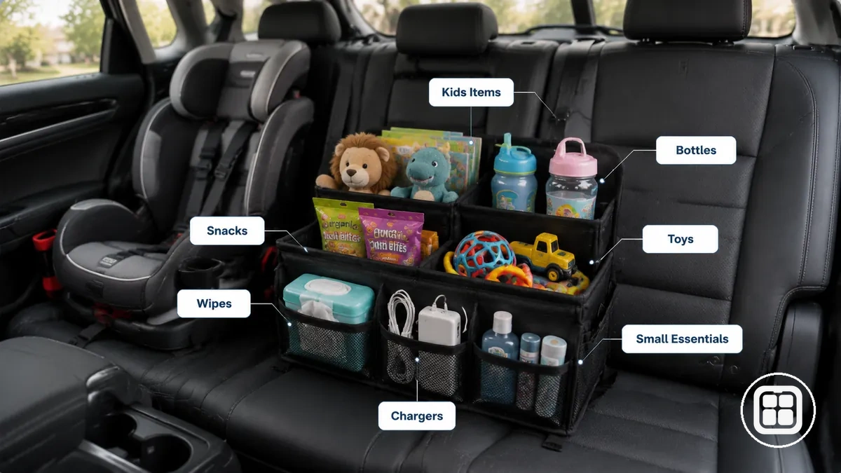 tägliches Familienauto-Chaos organisiert mit Spielzeug, Flaschen, Snacks, Feuchttüchern und kleinen Alltagsgegenständen