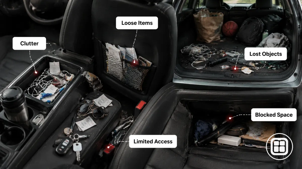 lose Gegenstände und Unordnung, die den Zugriff in einem Fahrzeug einschränken