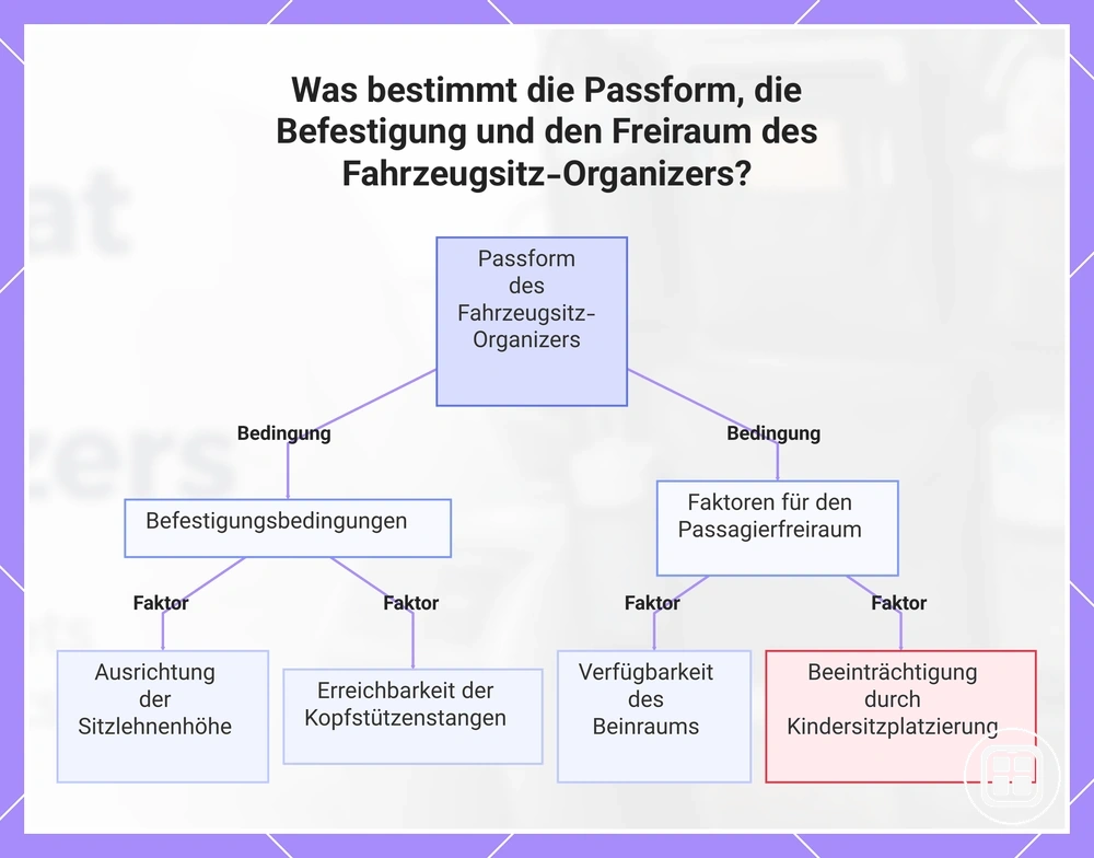 Was bestimmt die Passform, die Befestigung und den Freiraum des Fahrzeugsitz-Organizers?