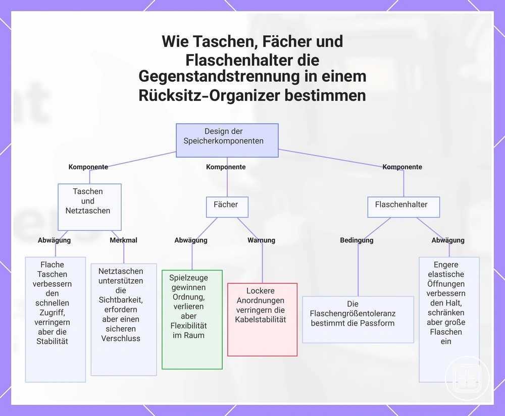 Wie Taschen, Fächer und Flaschenhalter die Gegenstandstrennung in einem Rücksitz-Organizer bestimmen