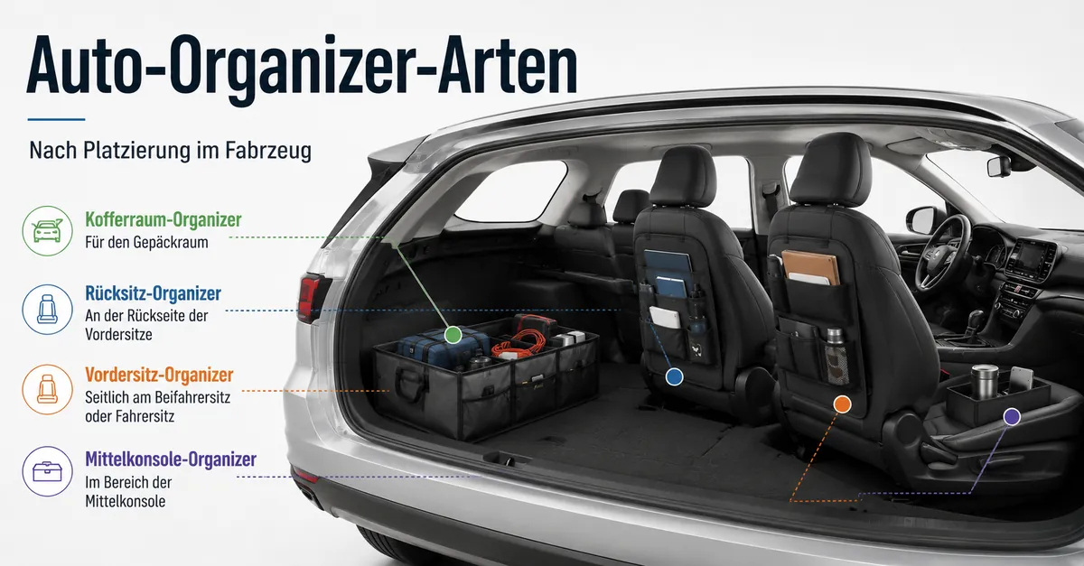 Auto-Organizer-Arten nach Platzierung im Fahrzeug, einschließlich Kofferraum, Rücksitz, Vordersitz und Mittelkonsole