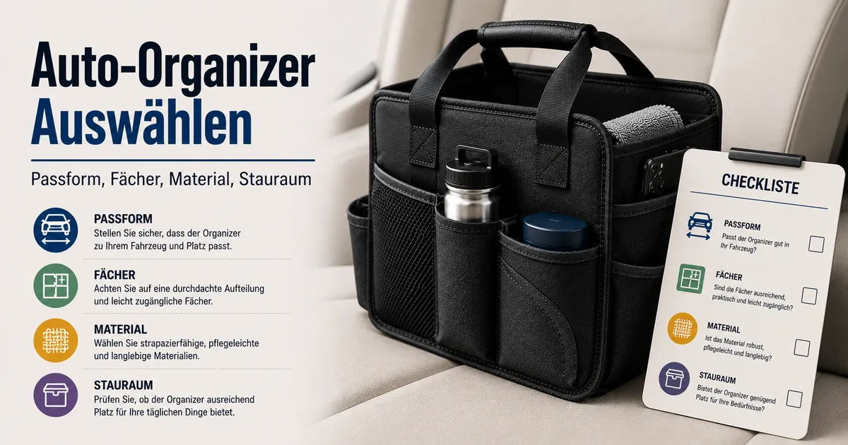 Checkliste zur Auswahl eines Auto-Organizers mit Passform, Fächern, Material und Stauraumbedarf