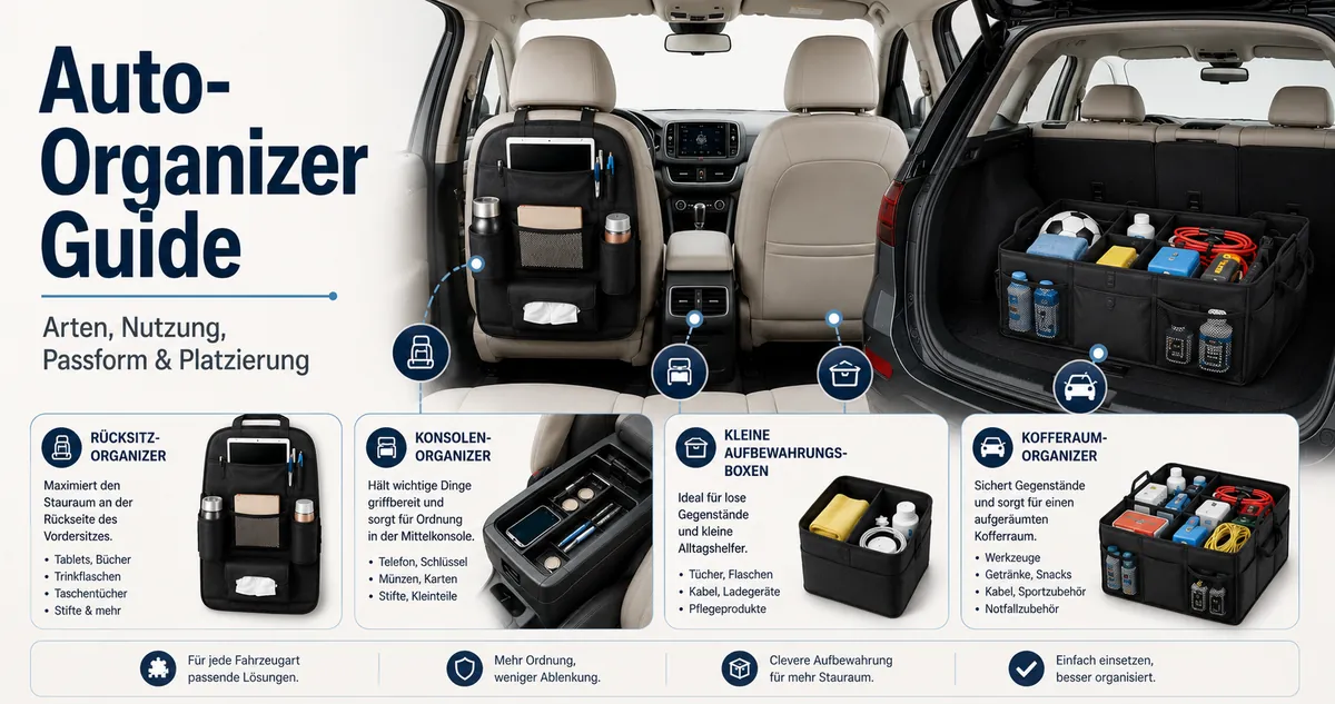Verschiedene Auto-Organizer, angeordnet zur Darstellung von Stauraumnutzung, Passform und Platzierungsoptionen im Fahrzeug