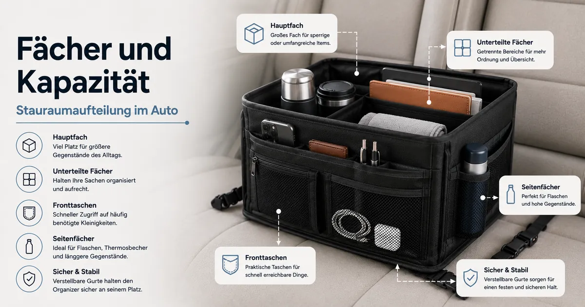 Auto-Organizer mit mehreren Fächern, Taschen, Staubereichen und Kapazitätsaufteilung