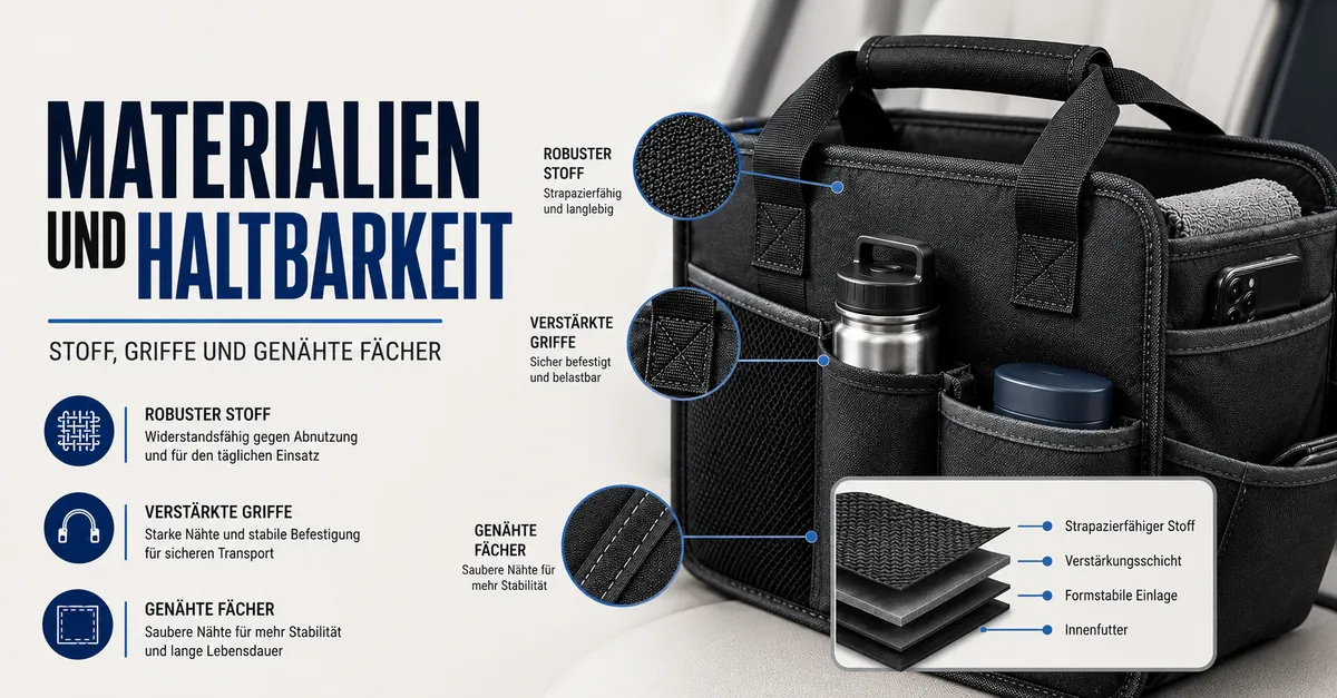 Strapazierfähige Materialien eines Auto-Organizers mit Stoffstruktur, verstärkten Einsätzen, Griffen und genähten Fächern