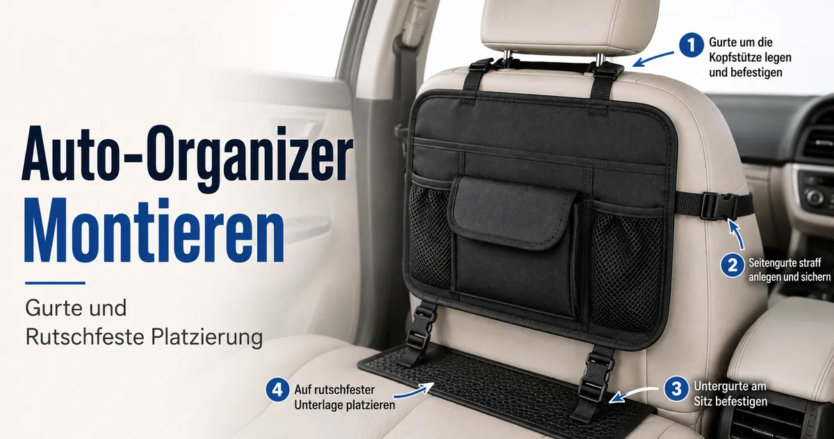 Auto-Organizer, der mit Gurten und rutschfester Platzierung im Fahrzeug befestigt wird
