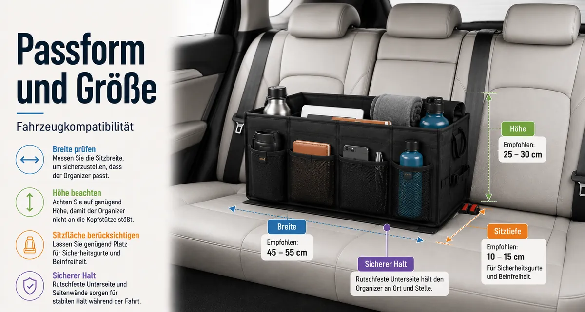 Auto-Organizer im Fahrzeuginnenraum zur Darstellung von Passform, Größe und Kompatibilitätsfaktoren