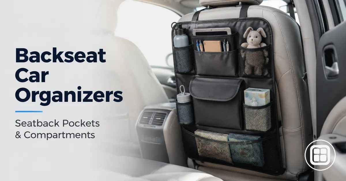 Backseat car organizer hanging from a seatback with pockets and storage compartments