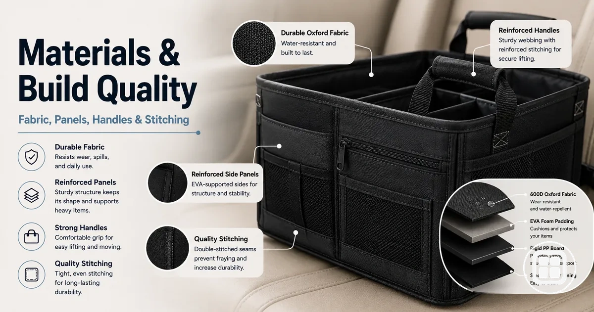 Durable car organizer materials showing fabric texture, reinforced panels, handles, and stitched compartments