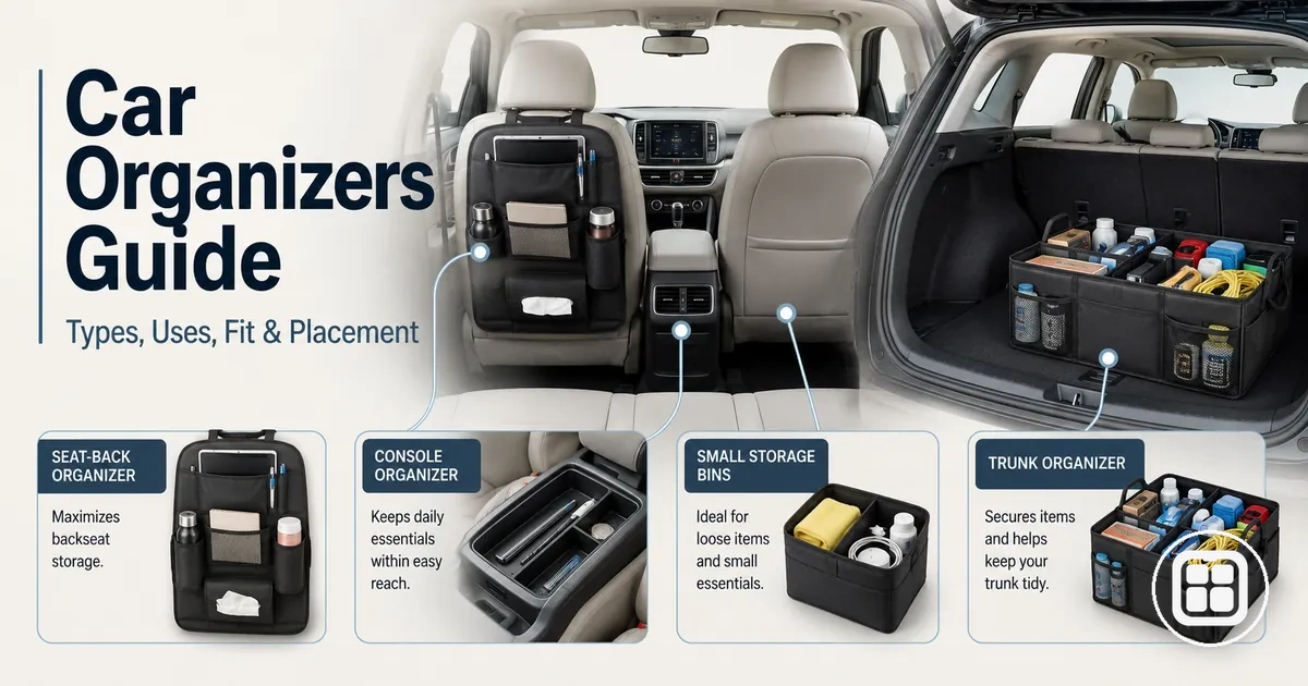 Different types of car organizers arranged to show storage uses, fit, and vehicle placement options