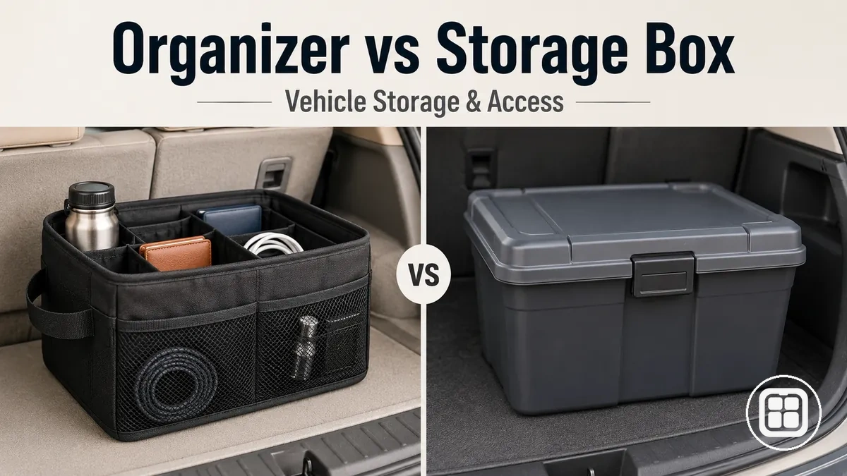 Car organizer and storage box compared side by side for vehicle storage and access