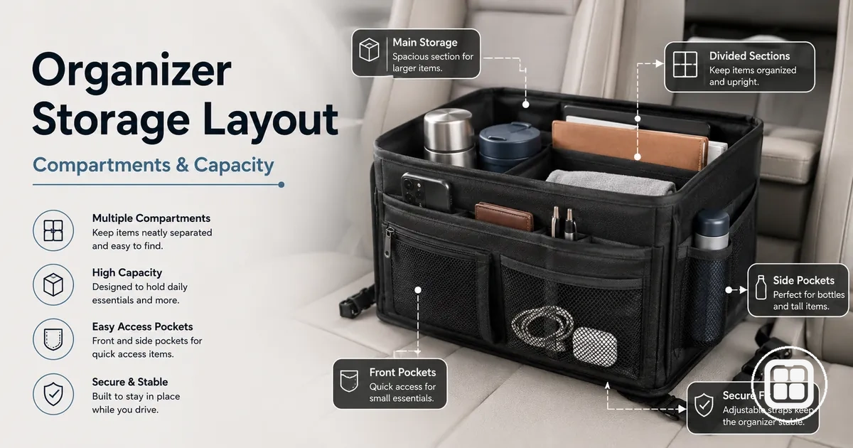 Multi-compartment car organizer showing pockets, storage sections, and capacity layout