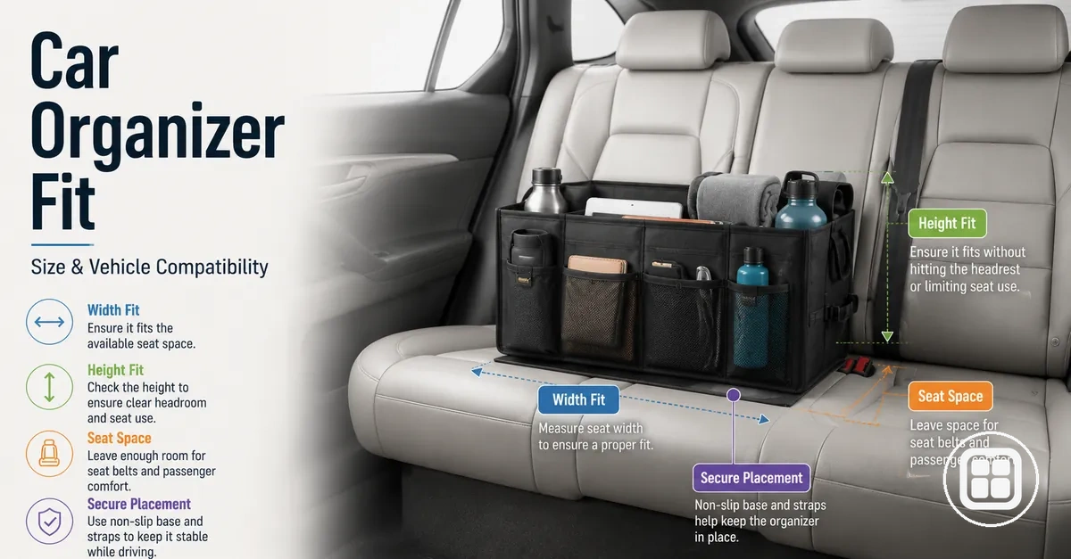 Car organizer positioned in a vehicle interior to show fit, size, and compatibility considerations