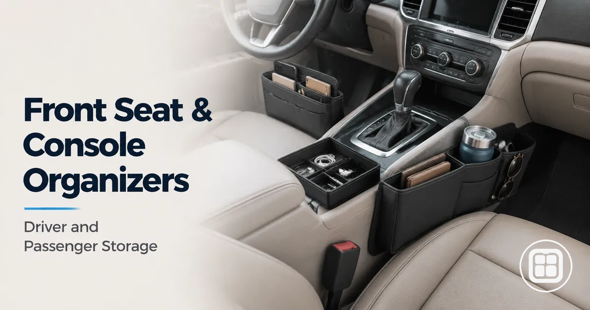 Front seat and console car organizers positioned near the driver and passenger storage areas