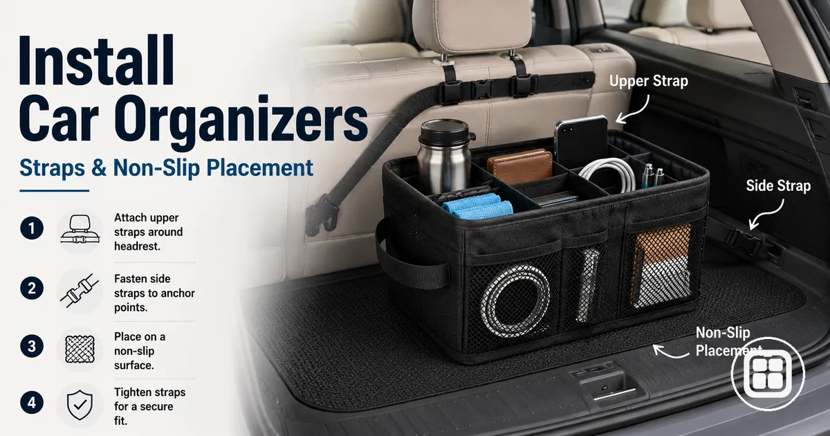 Car organizer being secured with straps and non-slip placement inside a vehicle
