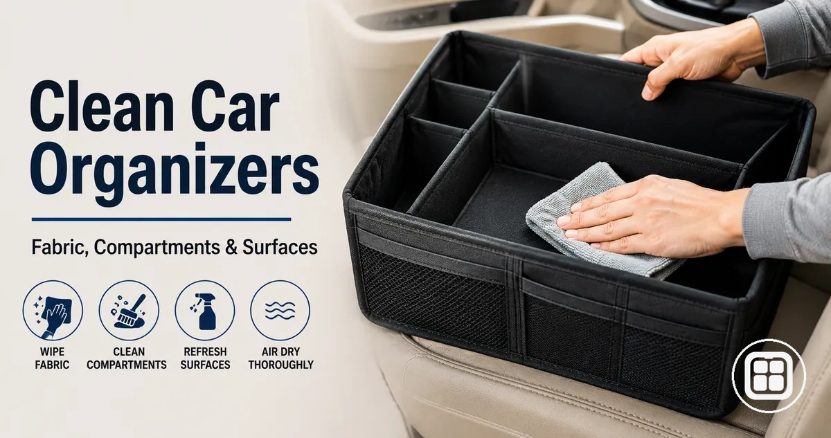 Car organizer being cleaned to maintain its fabric, compartments, and storage surfaces