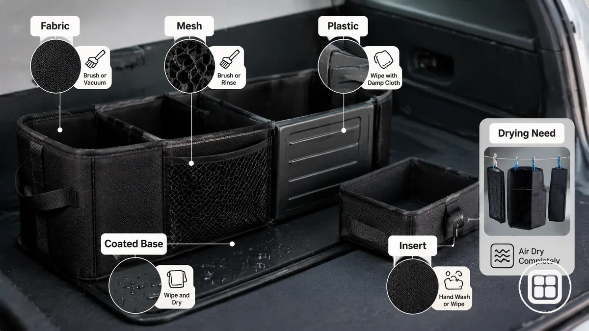 Comparison of car organizer surfaces including fabric, mesh, plastic panel, coated base, and removable insert