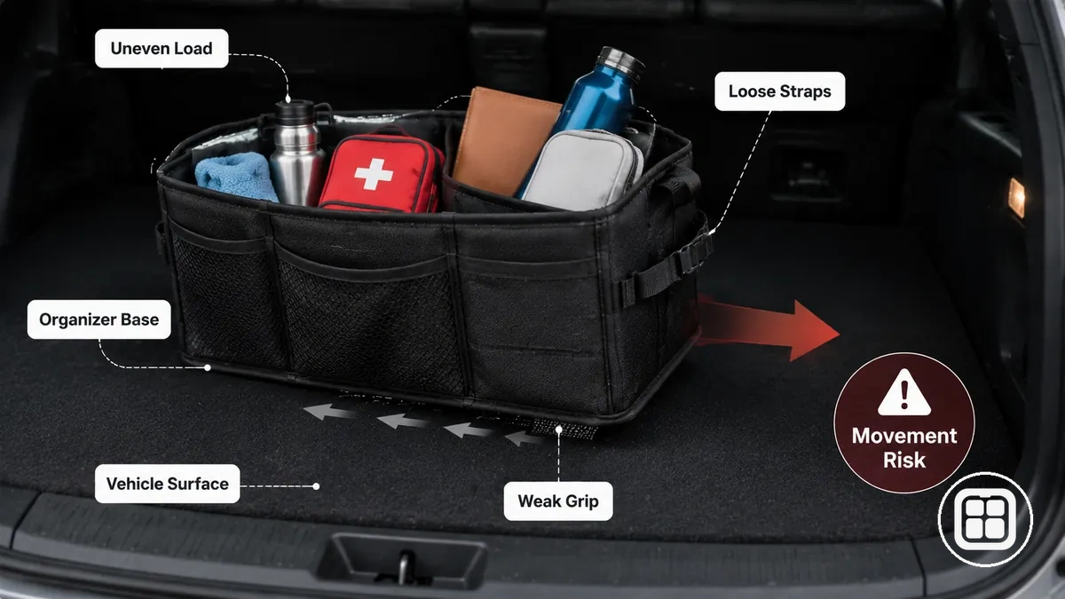 diagram showing why a car organizer can slide on a vehicle surface while driving
