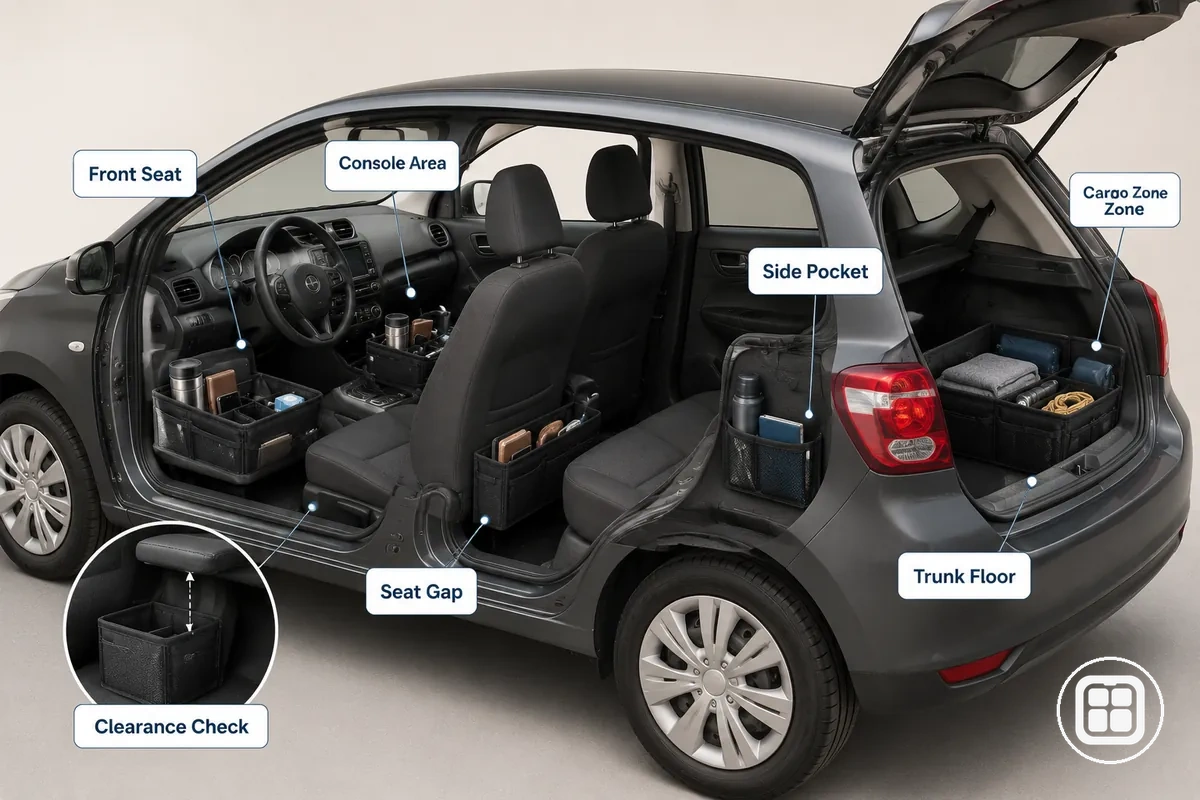 Common storage zones for organizer placement in a small car