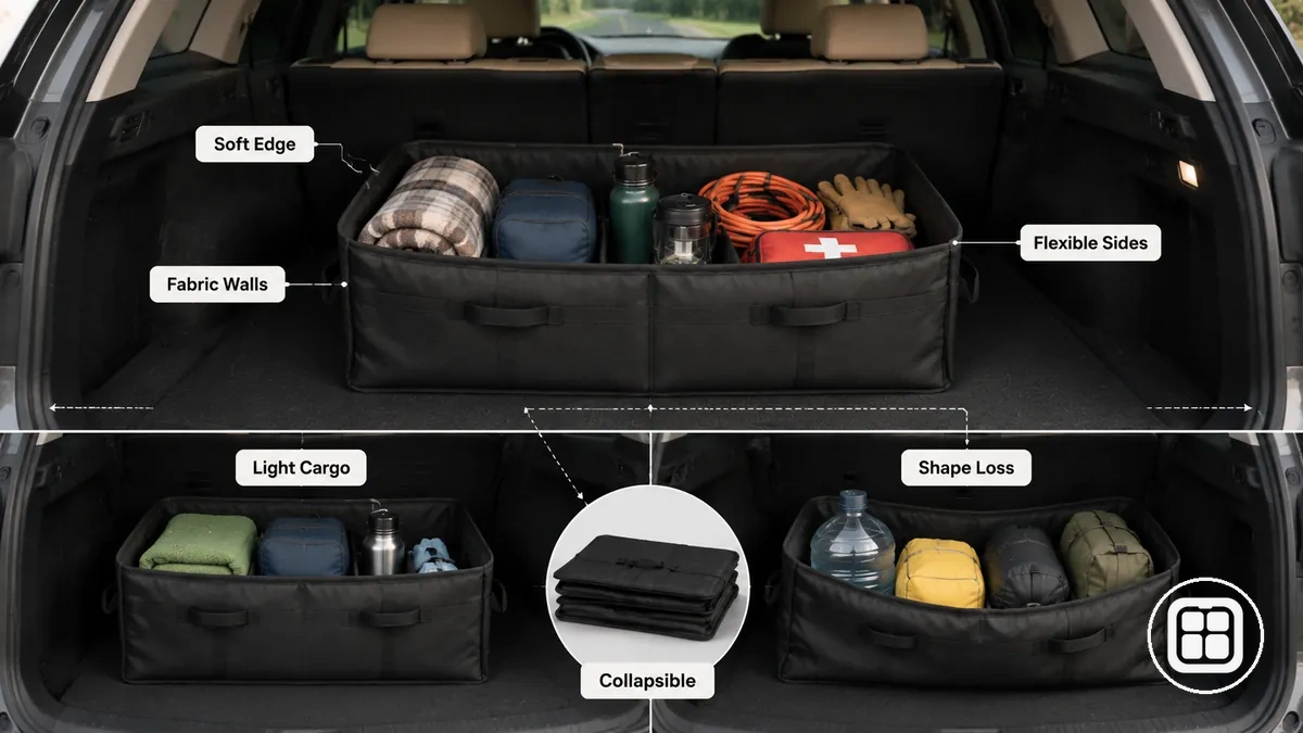 Soft edge trunk organizer with flexible fabric walls inside car trunk cargo area