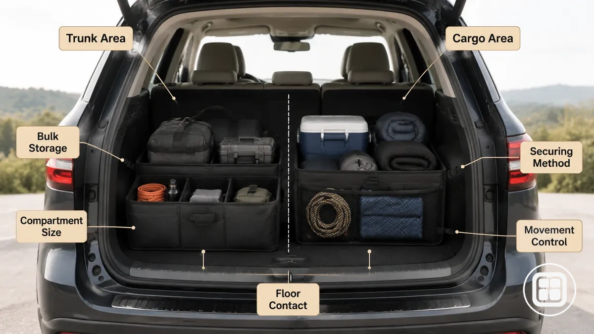 Trunk and cargo area car organizer showing bulk storage zones and placement structure