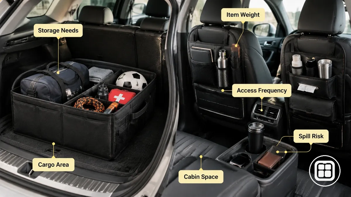 Storage needs affecting car organizer selection inside a vehicle interior