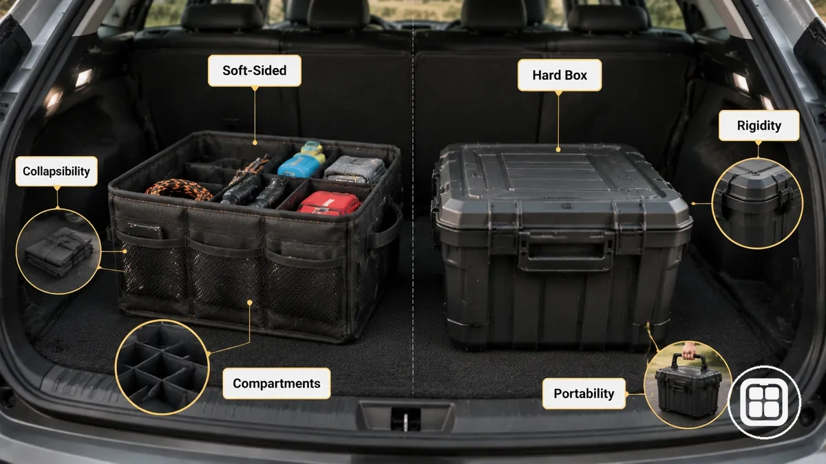 Comparison of soft-sided organizers and hard storage box structural formats