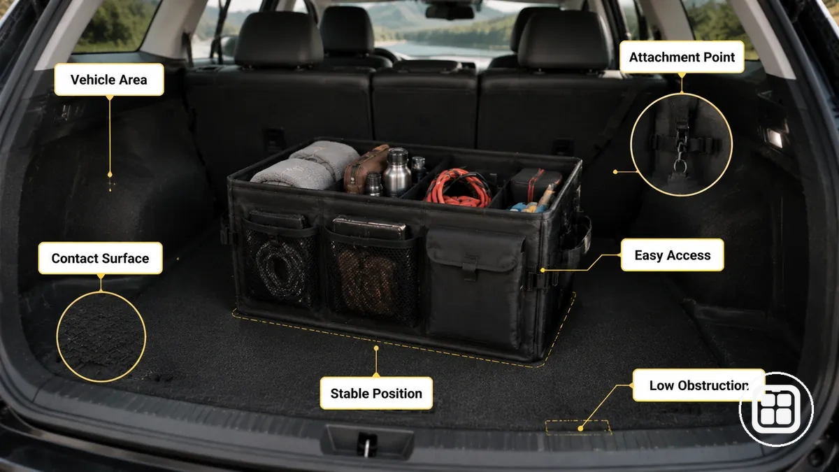 car organizer placement showing secure contact surface and reachable vehicle storage area