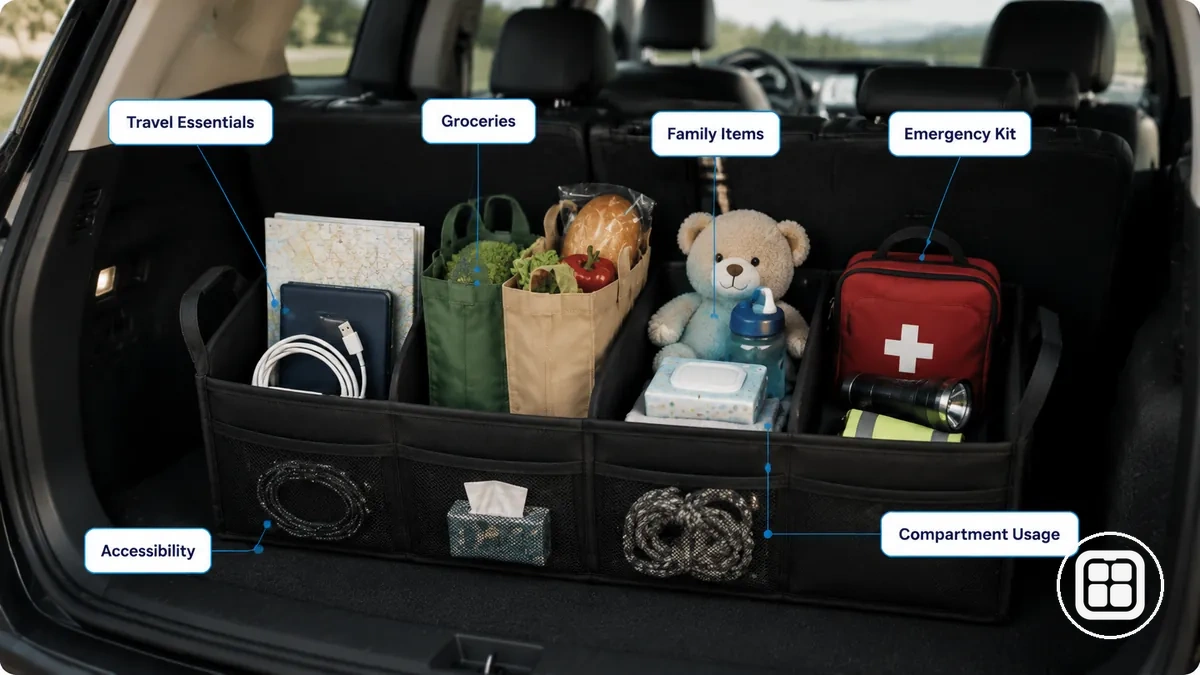 Grouped storage items organized by usage category inside a vehicle