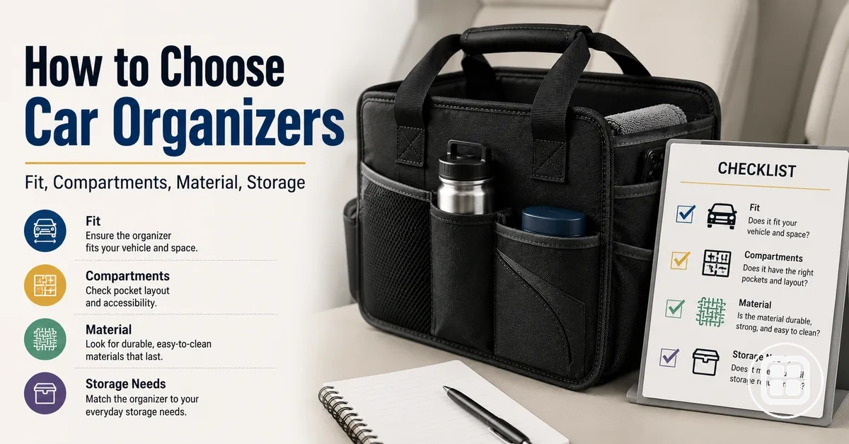 Car organizer selection checklist showing fit, compartments, material, and storage needs