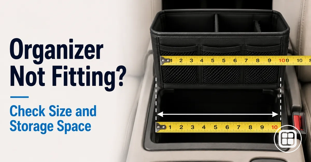 Car organizer measured against a vehicle storage area to diagnose poor fit