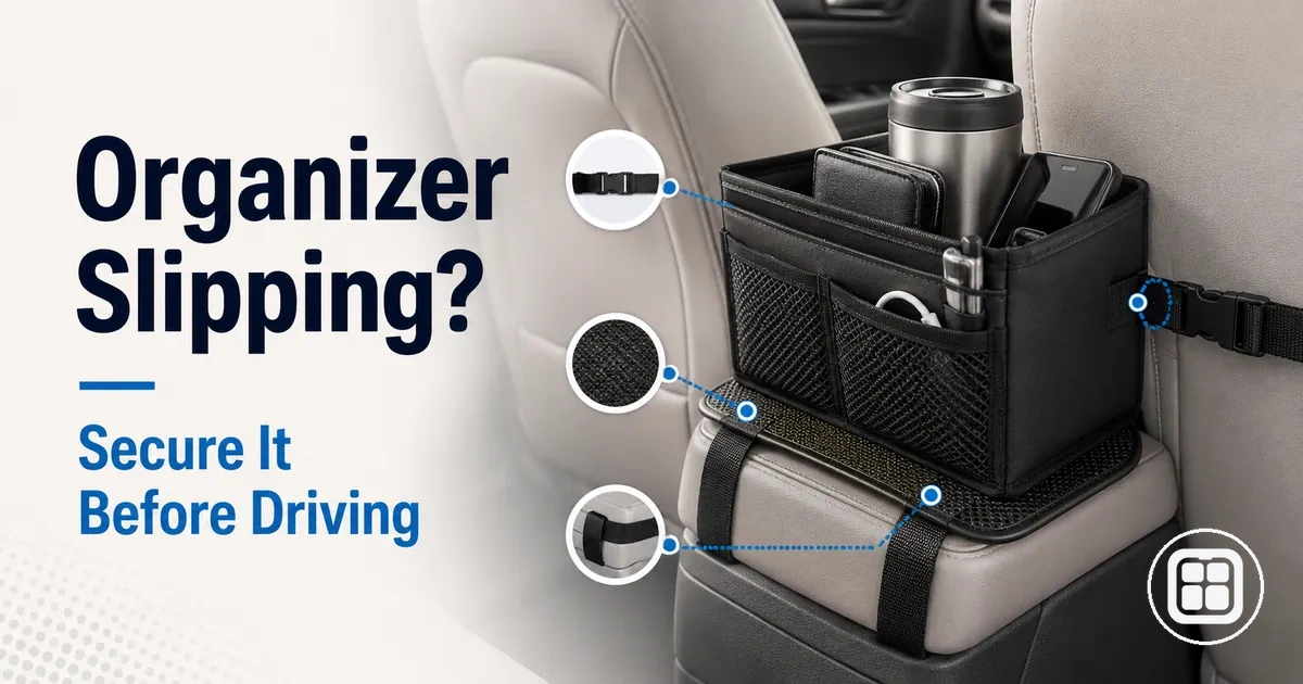 Car organizer secured in place to prevent slipping or sliding while driving