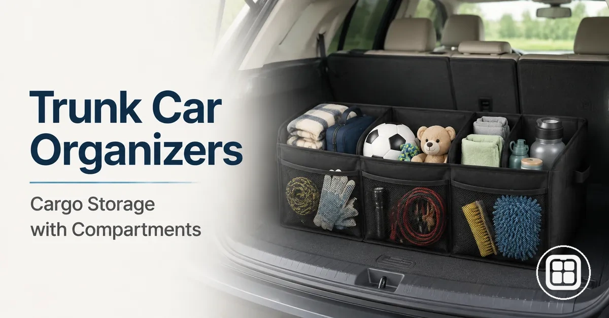 Trunk car organizer placed in a vehicle cargo area with compartments for storage