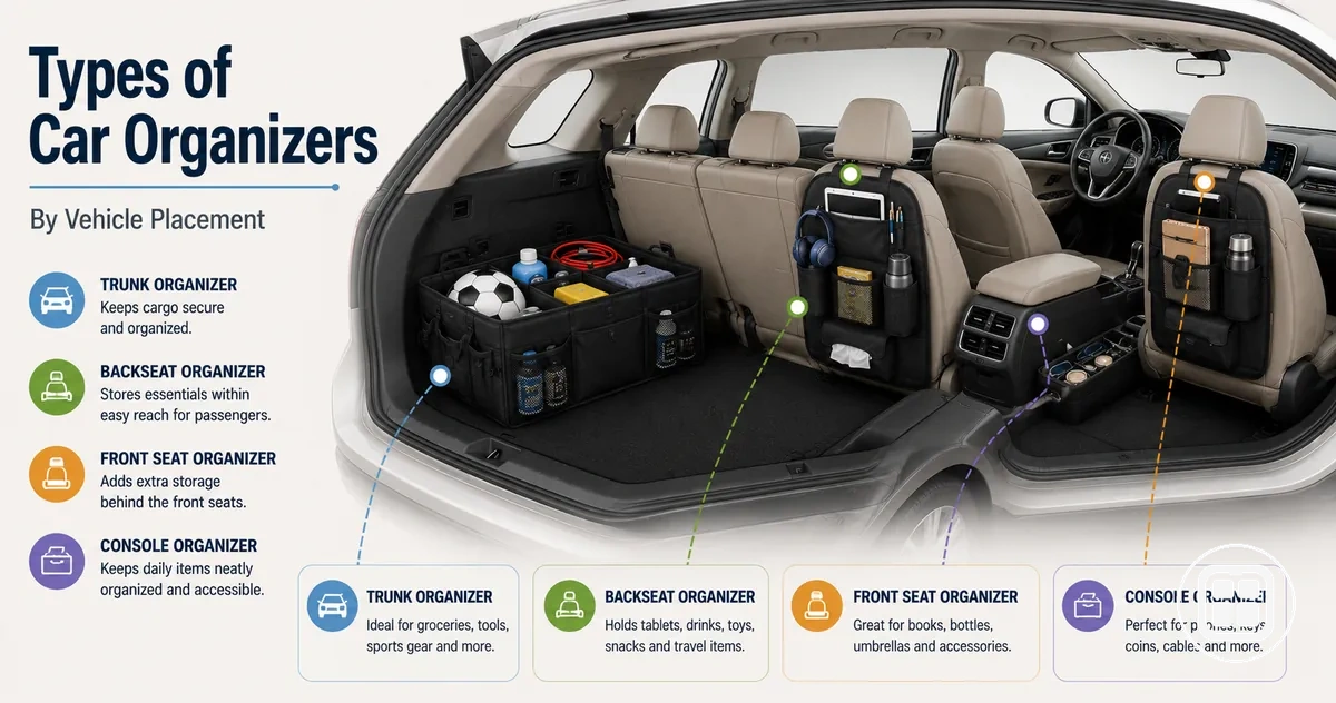 Car organizer types shown by vehicle placement including trunk, backseat, front seat, and console areas
