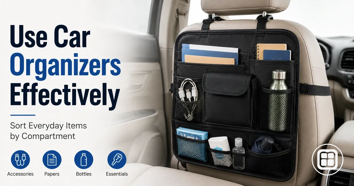 Car organizer in use with everyday items sorted into separate compartments