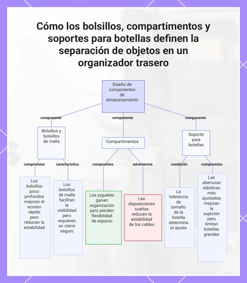 Cómo los bolsillos, compartimentos y soportes para botellas definen la separación de objetos en un organizador trasero