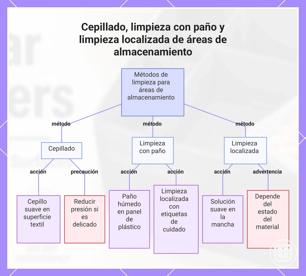 Cepillado, limpieza con paño y limpieza localizada de áreas de almacenamiento