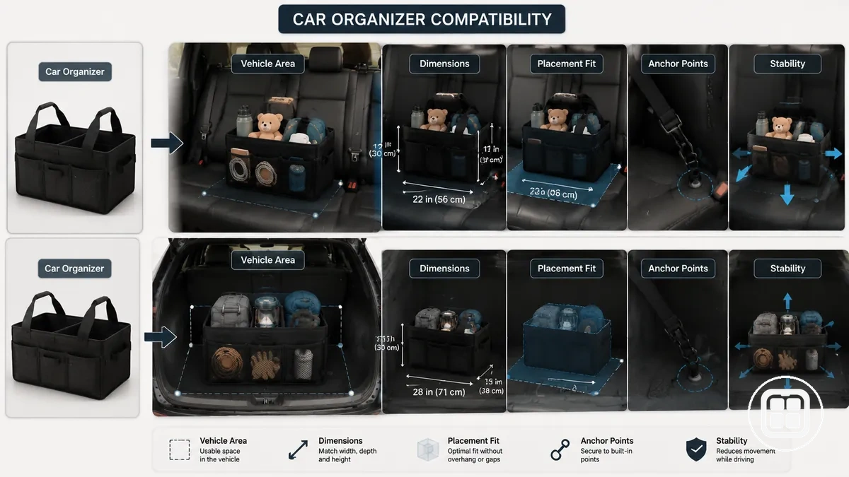 Compatibilidad de organizadores de coche que muestra la colocación dentro del área del vehículo y las condiciones de ajuste y espacio libre