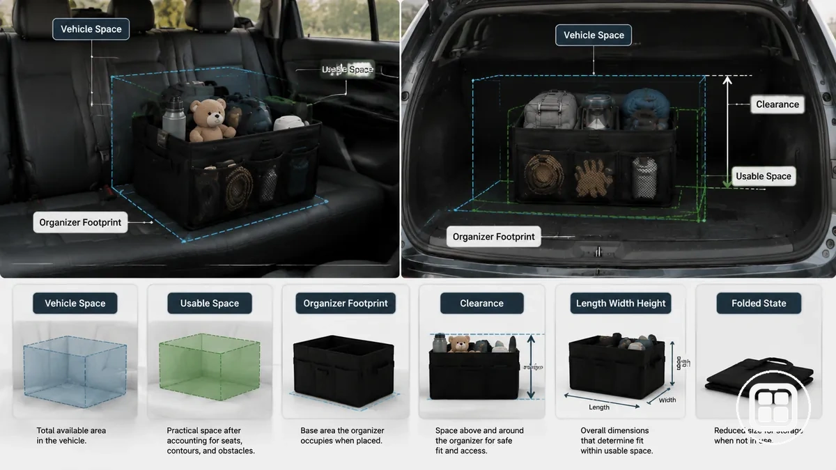 Espacio del vehículo y huella del organizador que muestra la colocación del organizador y el espacio libre dentro del interior del automóvil