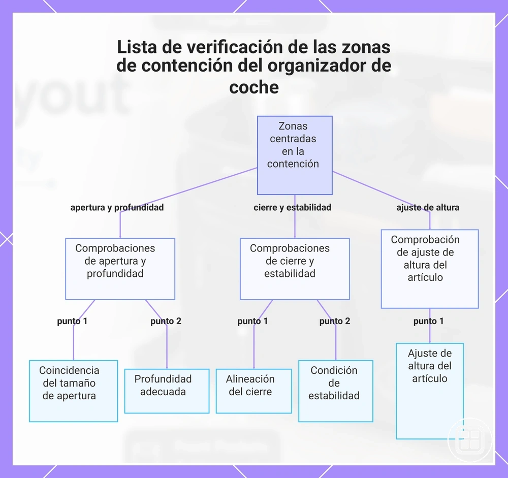 Lista de verificación de las zonas de contención del organizador de coche