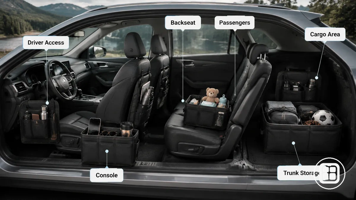 Colocación del organizador de coche según las zonas de acceso del conductor, pasajeros y carga