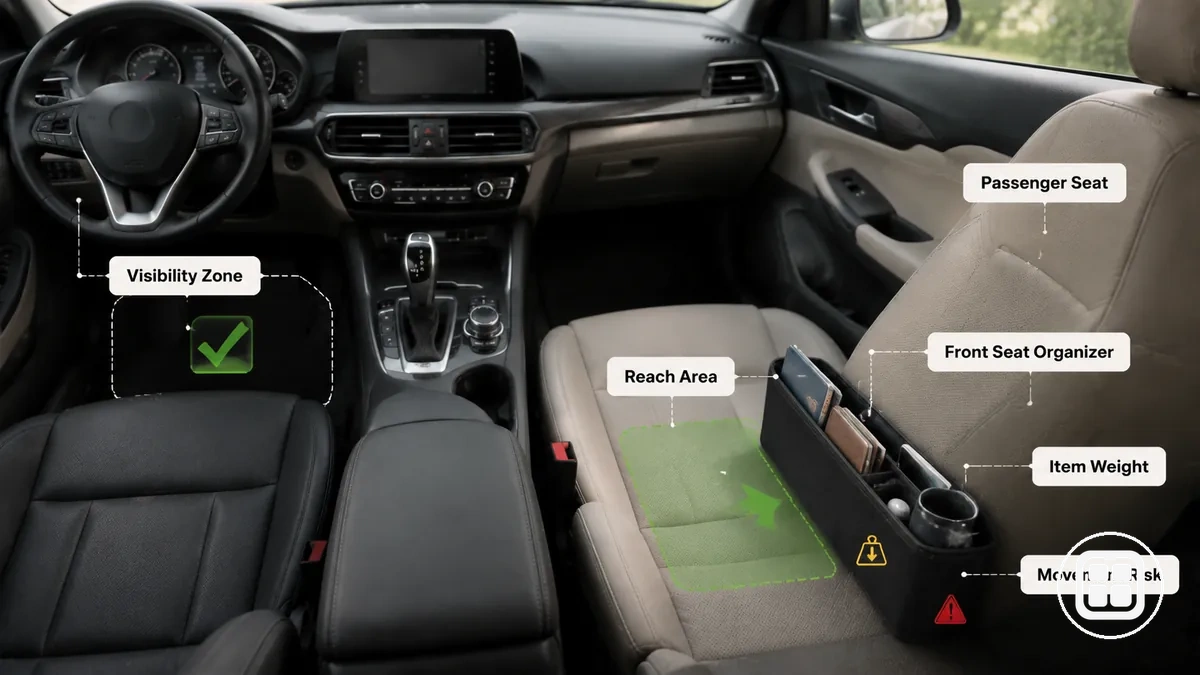 Organizador de asiento delantero del lado del pasajero que muestra visibilidad, alcance y zonas de colocación de almacenamiento