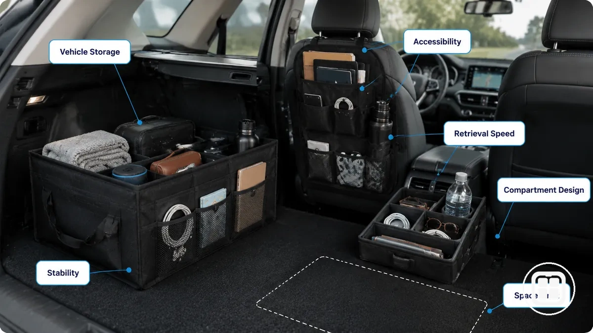 Organizador de coche que mantiene un almacenamiento estructurado en el vehículo y accesibilidad a objetos