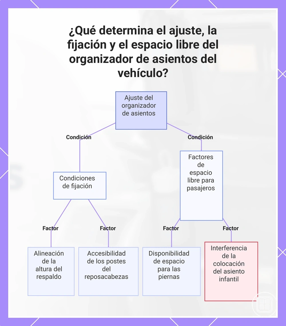 ¿Qué determina el ajuste, la fijación y el espacio libre del organizador de asientos del vehículo?